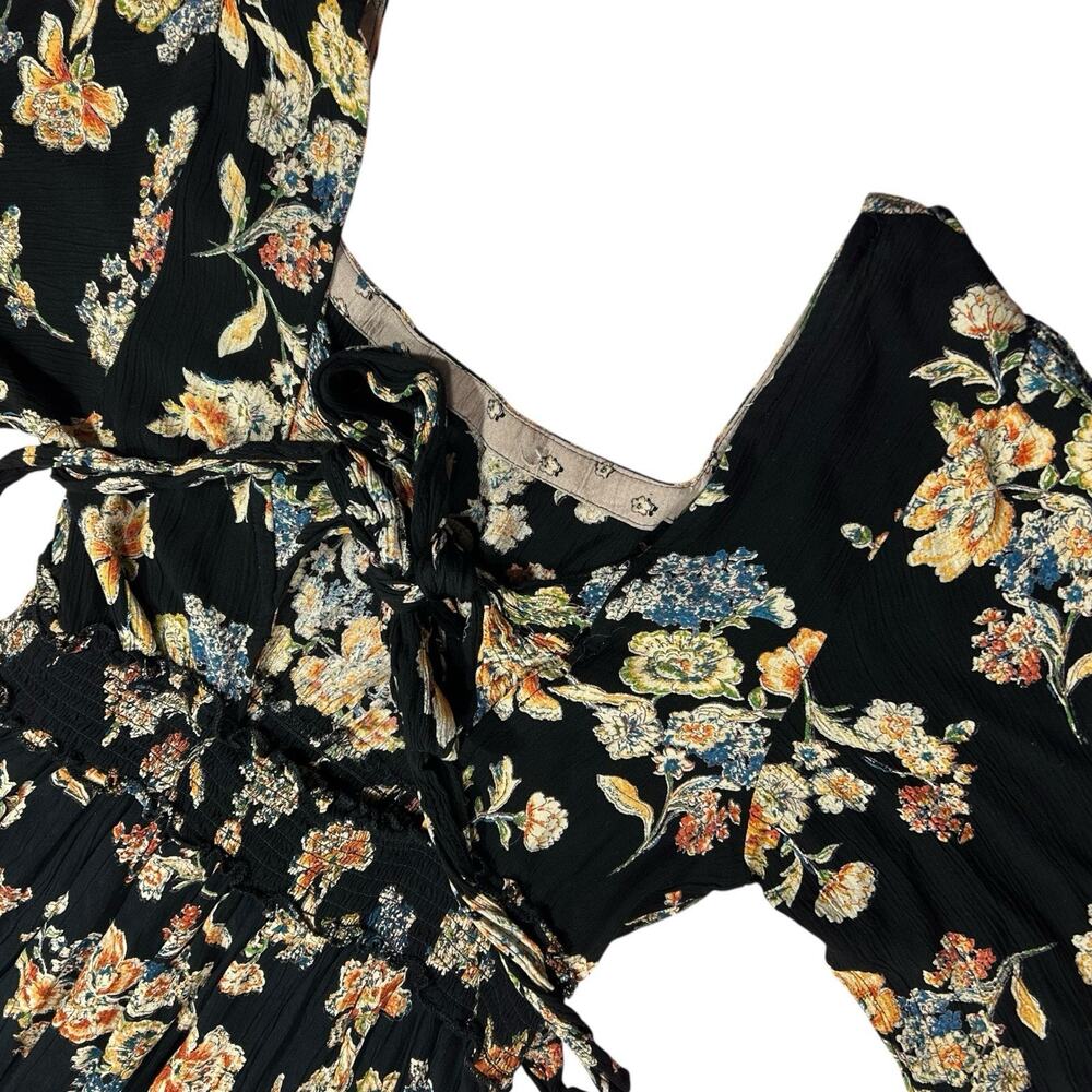ANGIE Women’s Black Midi Dress Sz L Flowy Boho Floral High Low Smocked Slit - Picture 10 of 16